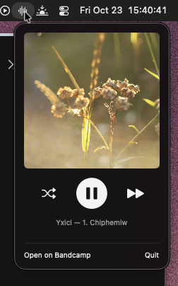 PlaySonnov menu bar popup showing an album cover, playback controls and the current track